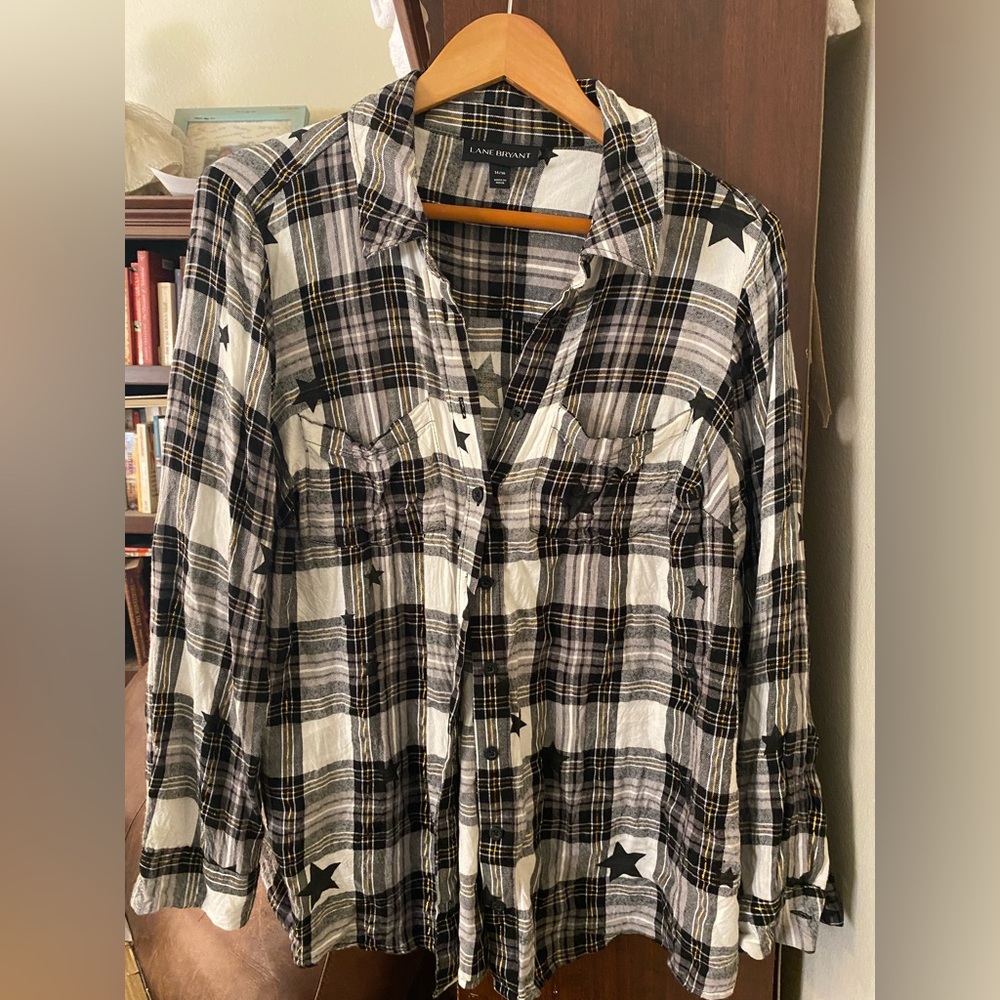 Lane Bryant, 14/16, black and white plaid shirt with star detail